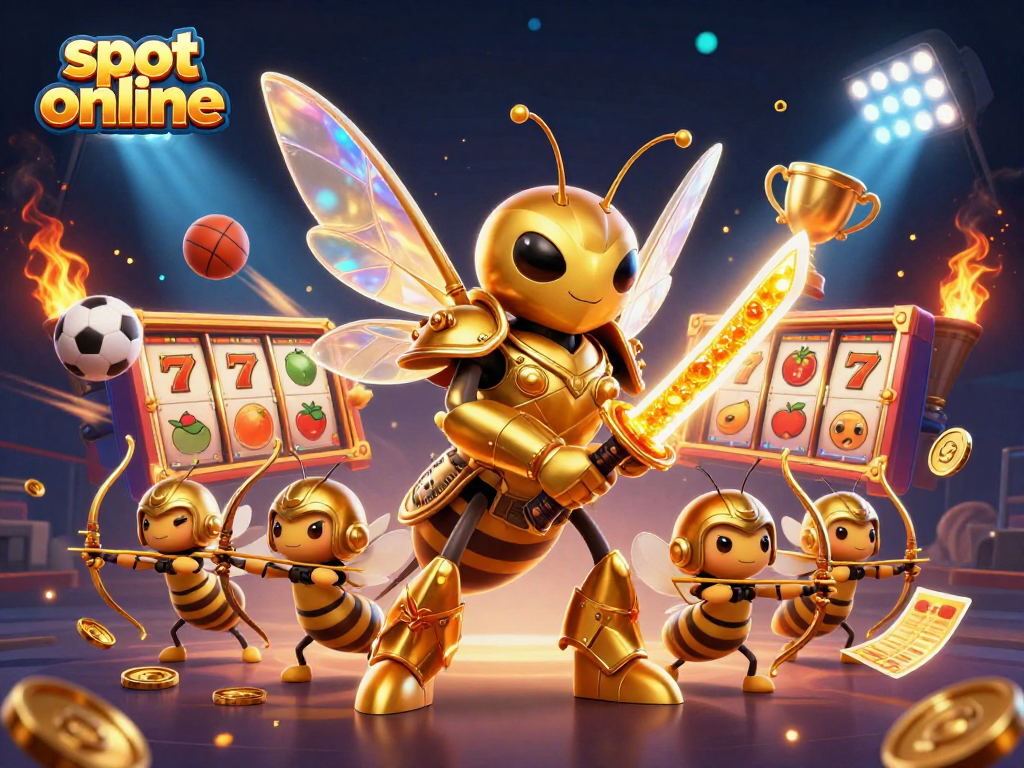Engage in slot online fun with a giant hornet warrior and archers in a vibrant casino scene.