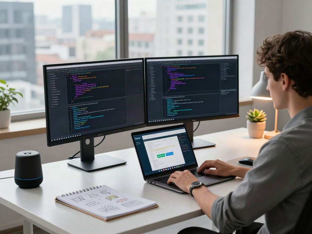 Brave browser interface showcased on a modern dual monitor setup in a tech workspace.