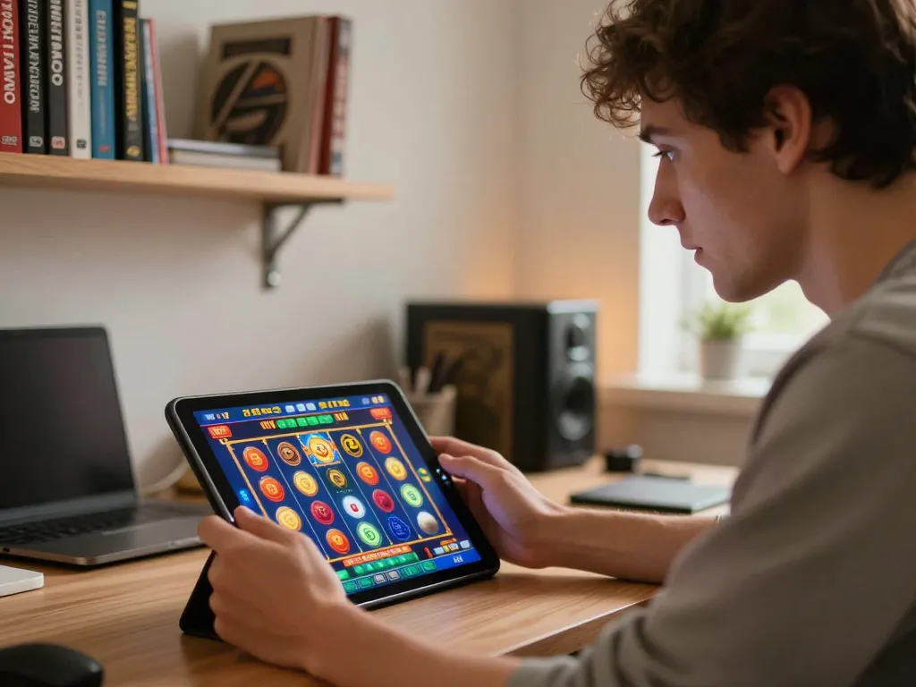 Player engaging with slot gacor sore ini game interface on tablet in cozy home setting.