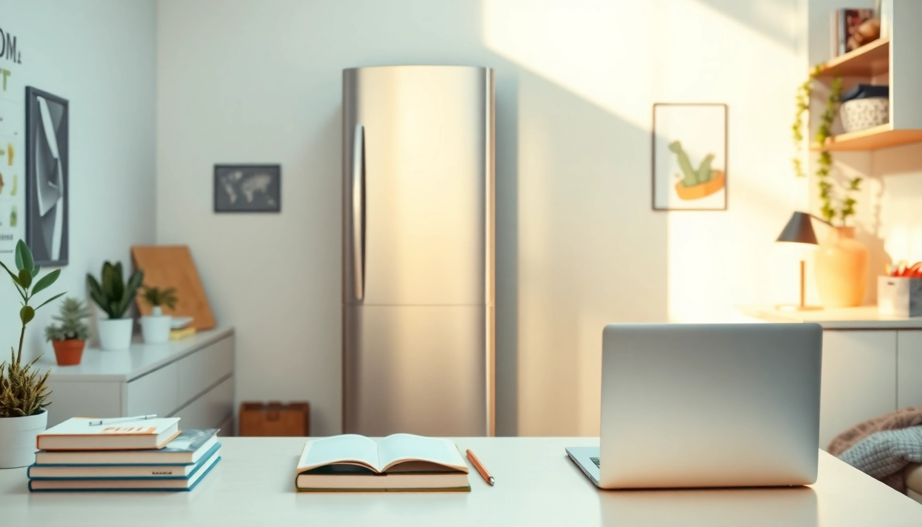 Explore the modern dorm room fridge with sleek design in a cozy student living space.