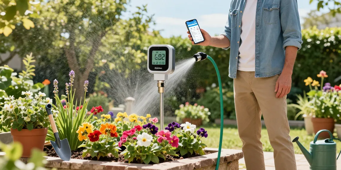 Effortless gardening with RainPoint WiFi timer, showcasing vibrant flower beds and smartphone app for easy irrigation.