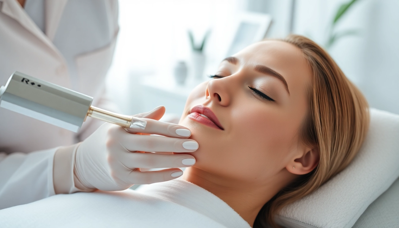 Aesthetic treatments session in a tranquil clinic with soothing lighting and caring practitioner.