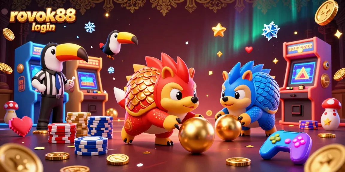 Engage with rokok88 login through a vibrant casino scene featuring rival pangolins and dynamic gaming elements.