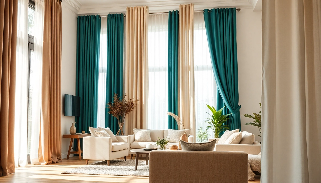 Gordijnstof kopen online: Mijn selectie van verschillende gordijnstoffen in een stijlvolle woonkamer.