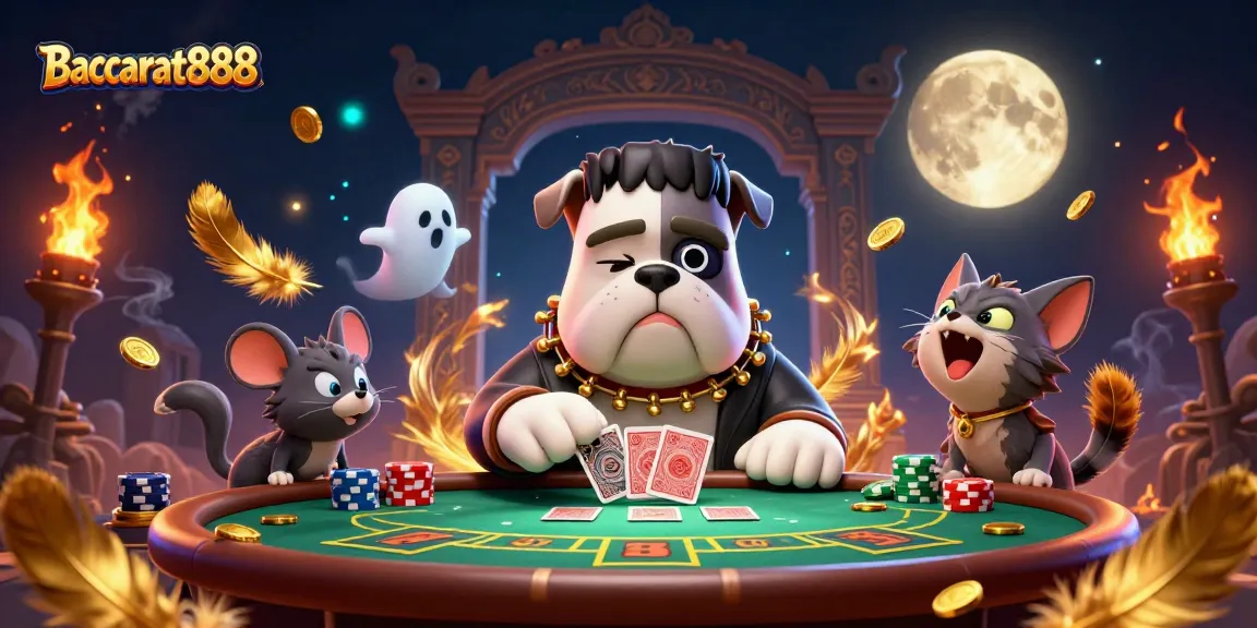 Baccarat888 features a Frankenstein bulldog gaming at a green baccarat table with a ghost mouse and werewolf kitten.