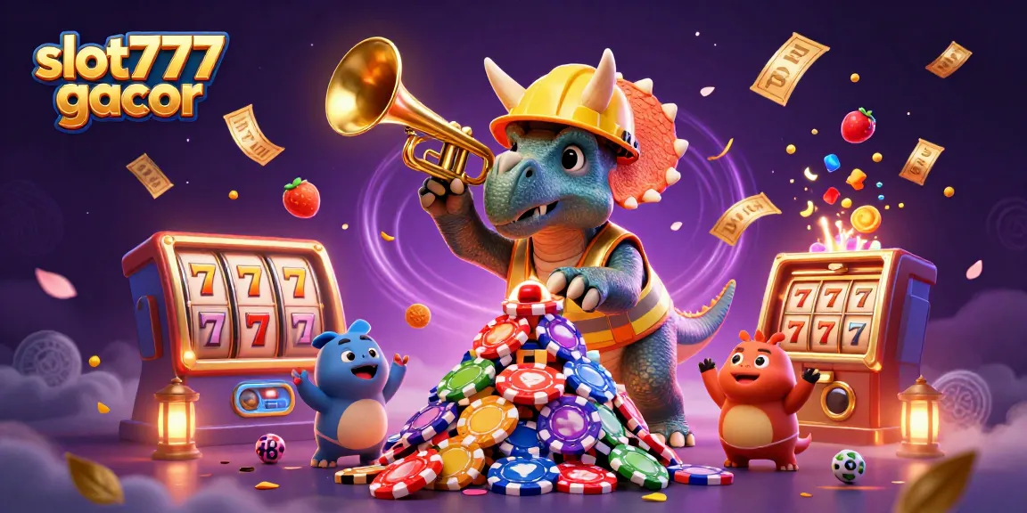 Menangkan slot777 gacor dengan permainan slot yang menarik dan simbol keberuntungan berkilau dalam ilustrasi 3D yang dinamis.