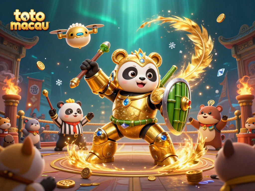 Engage in the thrilling world of toto macau with an exciting 3D illustration featuring a golden panda and dynamic casino elements.