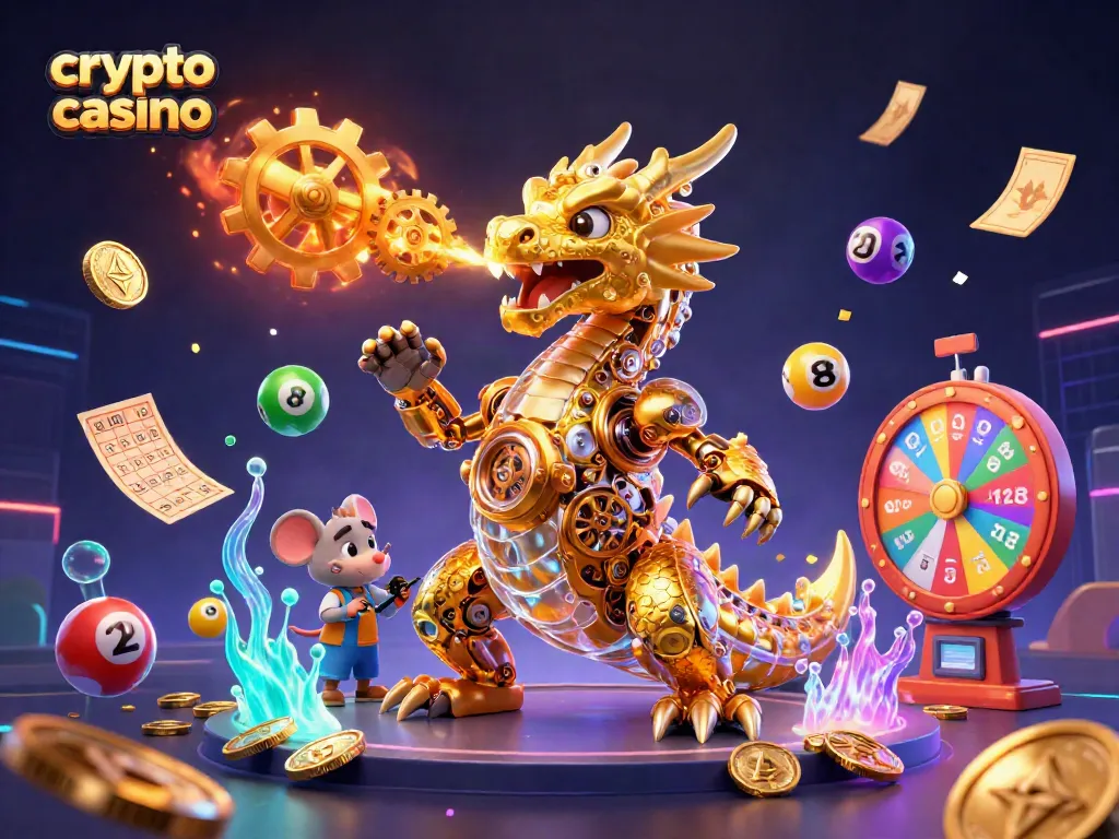Giocando nel crypto casino, un drago meccanico d'oro sprigiona ingranaggi d'oro tra palline della lotteria colorate.