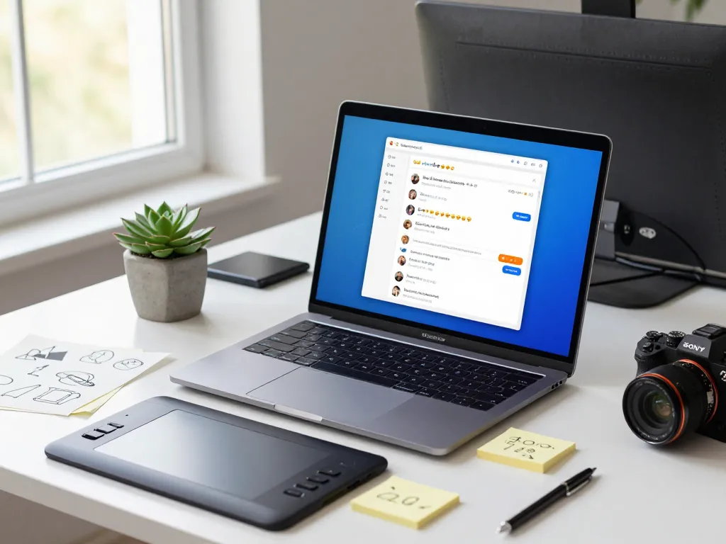 Developer utilizing Telegram 电脑版 on MacBook in a modern office, showcasing vibrant group chats and collaboration tools.