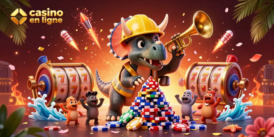 Expérimentez le casino en ligne avec un triceratops construisant des jetons de poker sous un coucher de soleil vibrant.