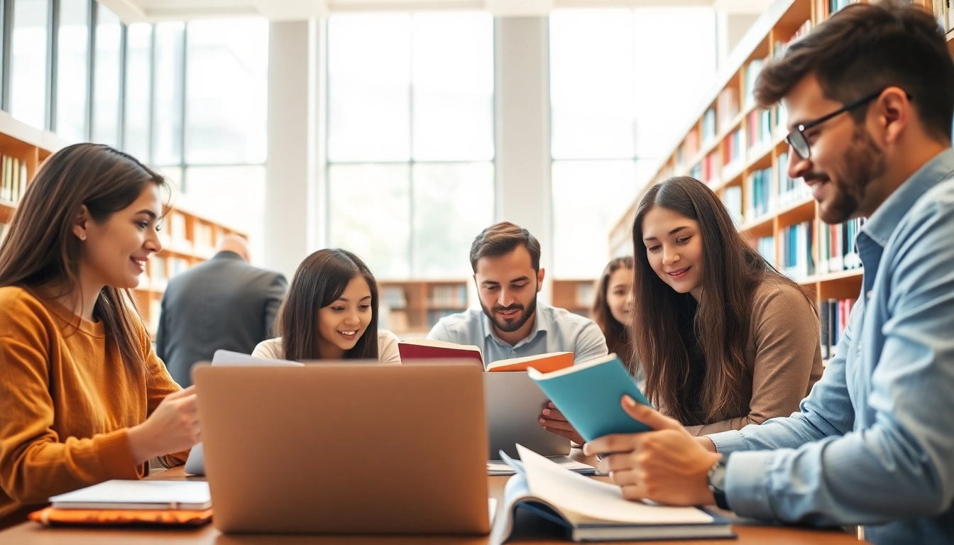 Focused group of students studying to pass IT certification exams in a bright library.