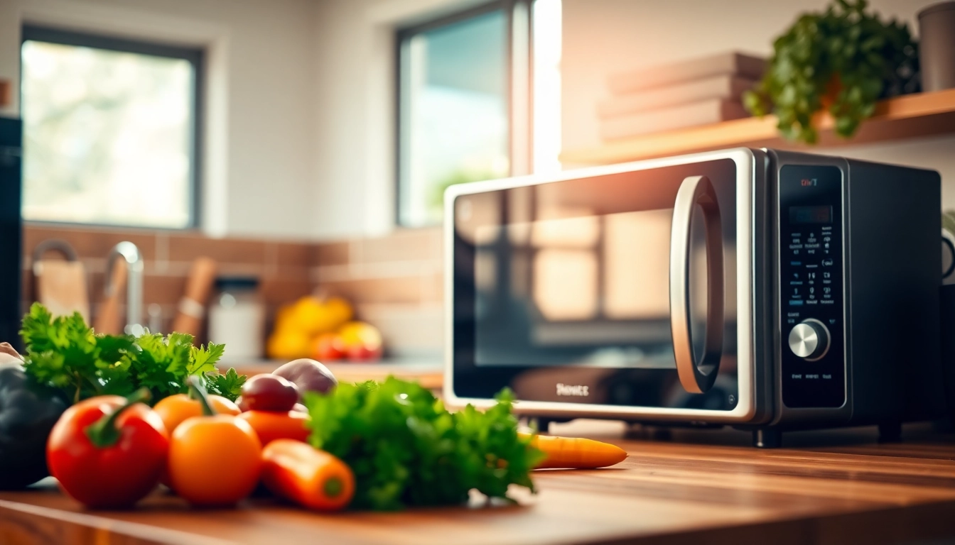 Showcasing Microwave Oven Sales with a modern kitchen setup featuring fresh ingredients.