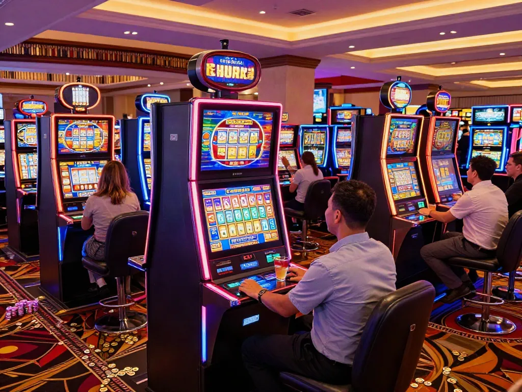 Kasino Slot777 dengan mesin slot berwarna-warni dan pemain bersemangat.