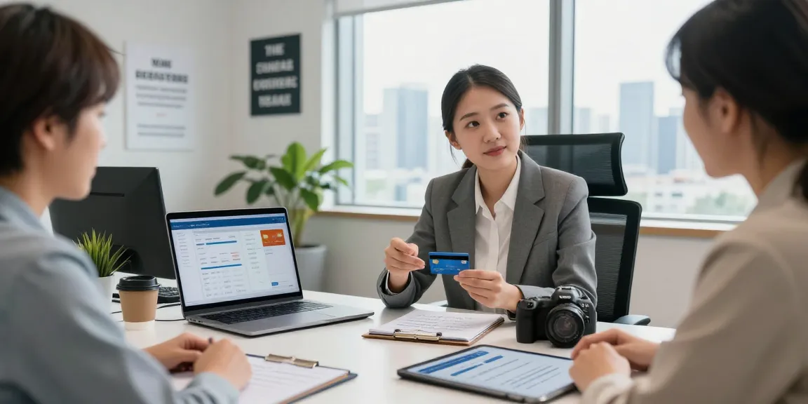 Engaging consultation about 신용카드현금화 in a modern financial office.
