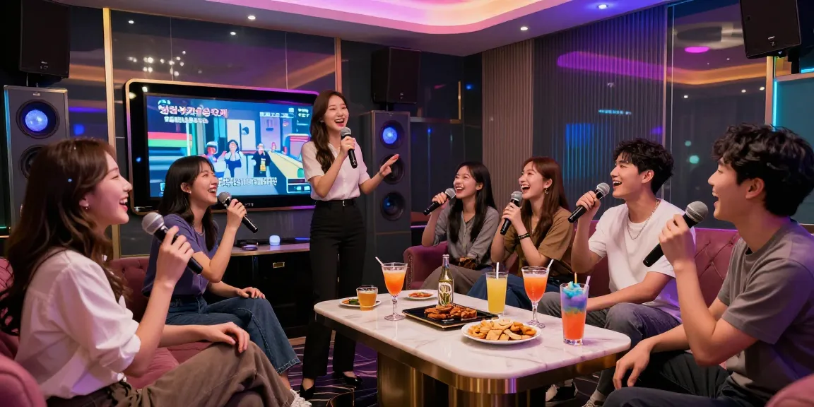 Joyful friends enjoying drinks and singing at a 강남가라오케 private room, vibrant atmosphere showcasing luxury and entertainment.