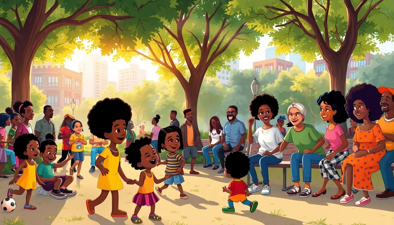 A lively park scene showcasing characters from African American cartoons, celebrating diversity and community.