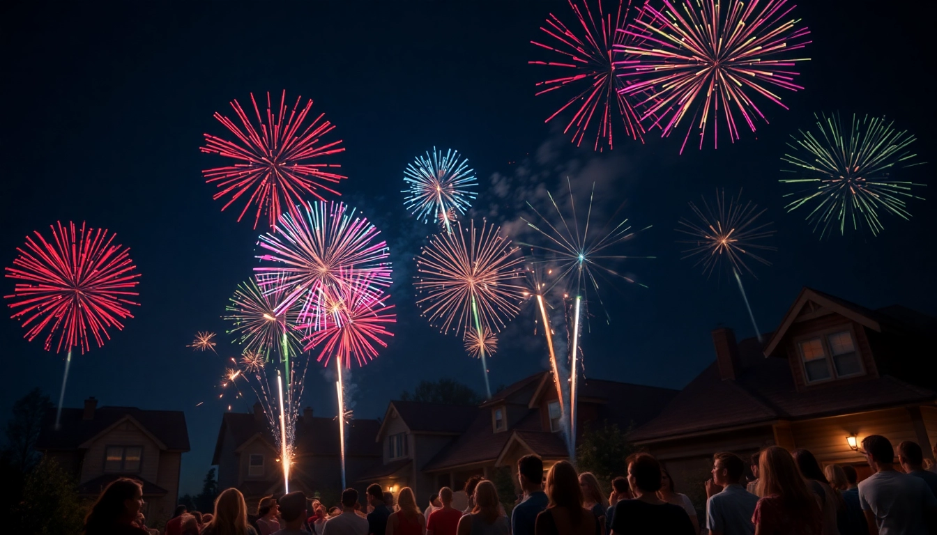 Families celebrating with cheap fireworks near me in a vibrant night sky.