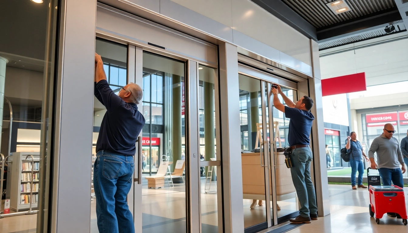 Installing Commercial Automatic Doors at a busy retail entrance, showcasing sleek design.
