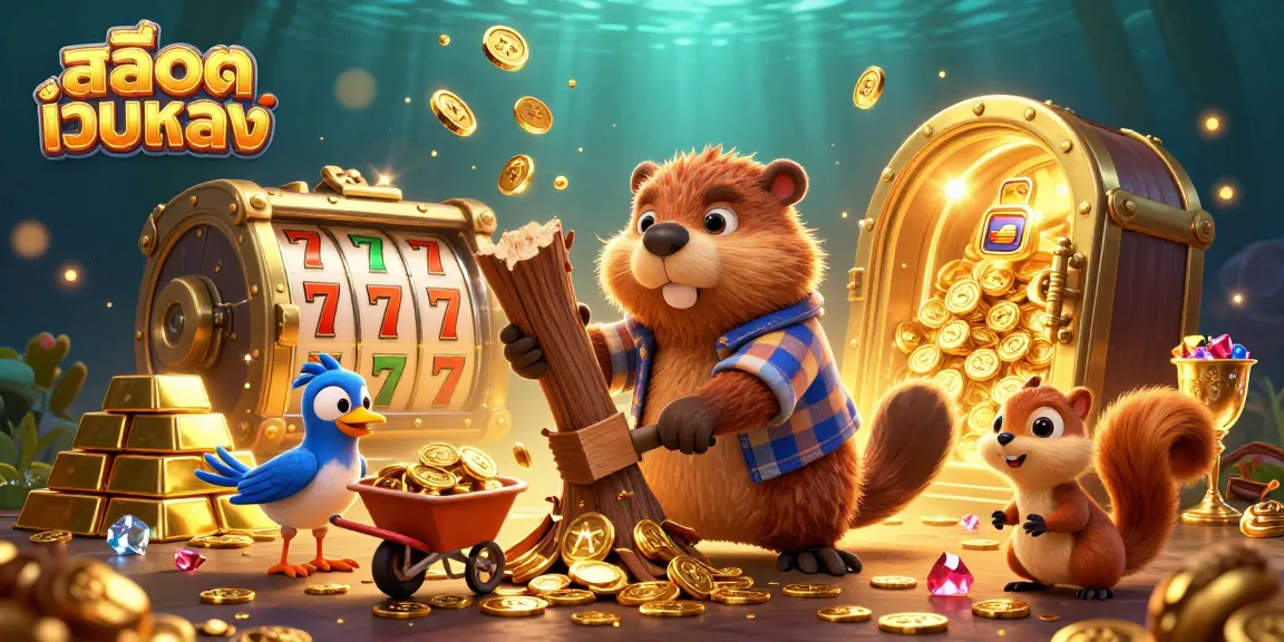 Engage with สล็อตเว็บตรง as a beaver collects golden coins in a vibrant 3D casino setting, showcasing jackpot slot action.