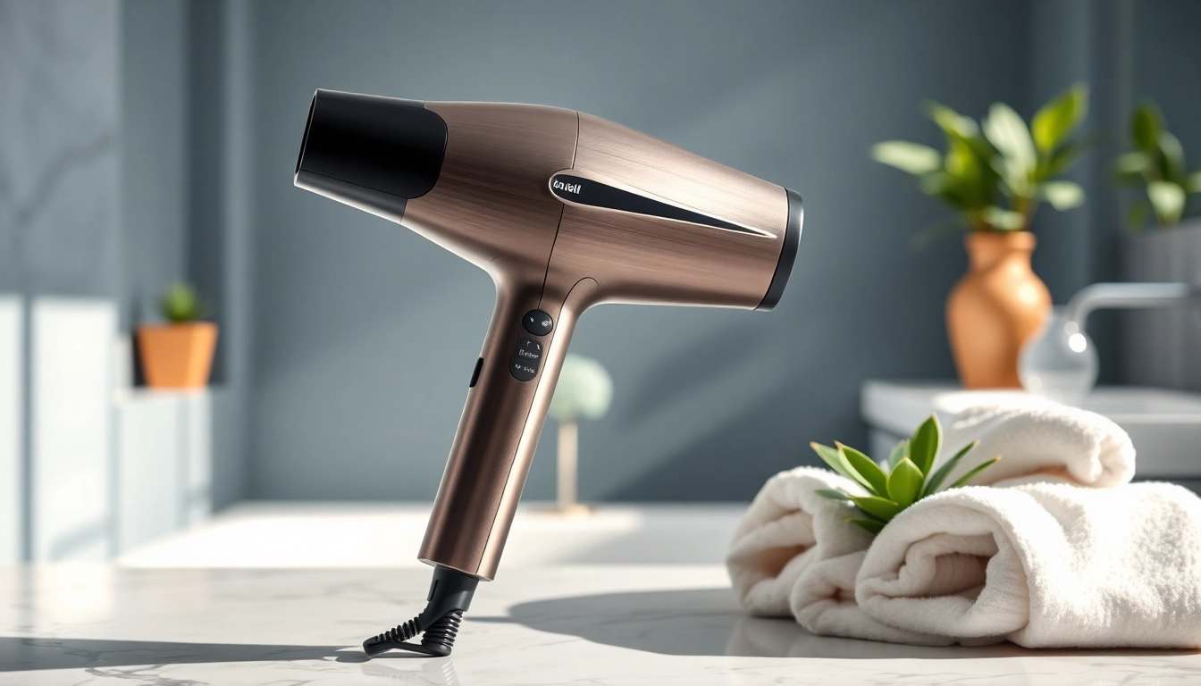 Stylish Ionic hair dryer on a marble countertop surrounded by decorative elements.