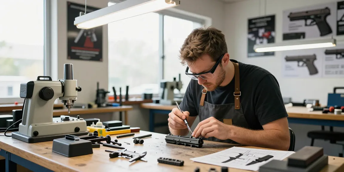Skilled gunsmith customizing Glock slides at precision gunsmith workshop - https://precisionglockslides.com