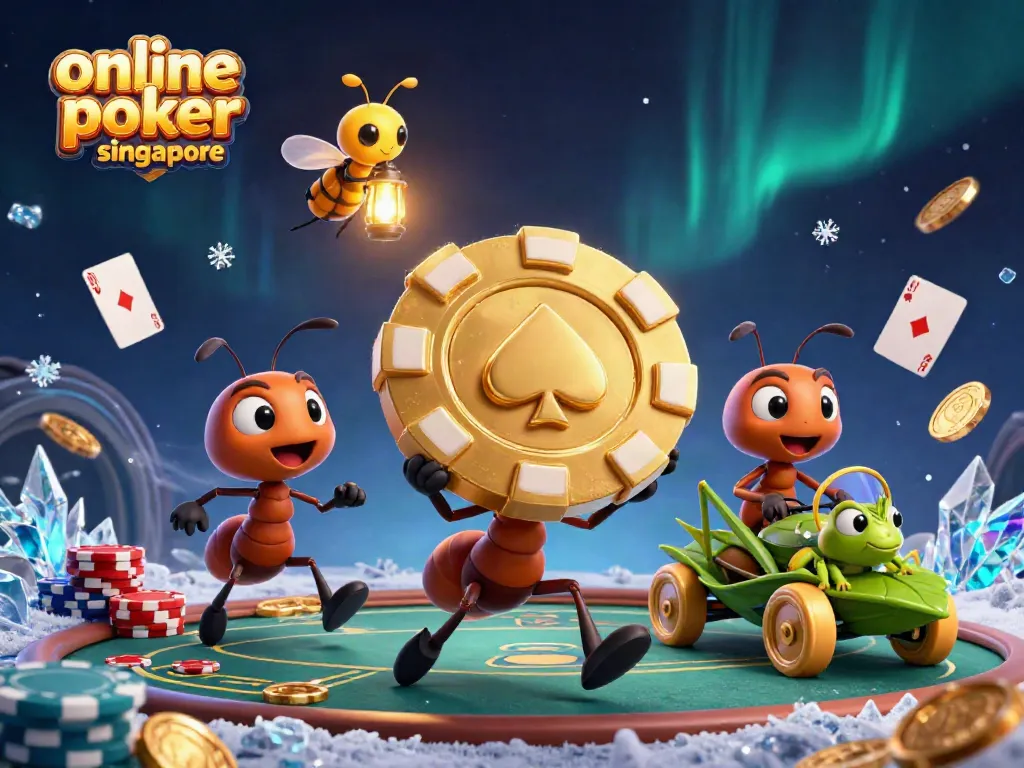 Engaging scene of the online poker singapore adventures with cartoon ants, showcasing the excitement of gambling.