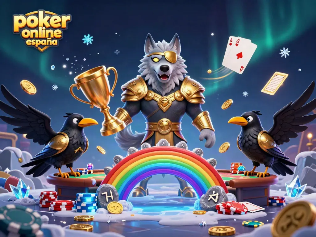 Experimente el póker online España en una mesa vibrante y animada con fichas y cartas.