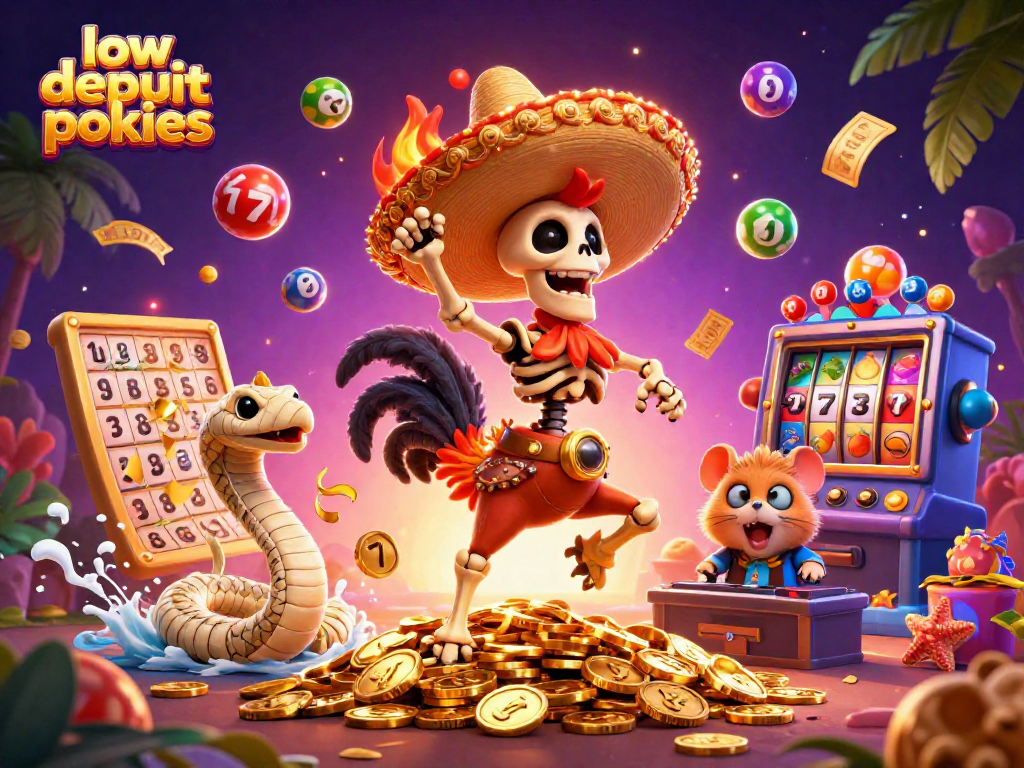 Experience thrilling low deposit pokies with vibrant characters and exciting game elements in a dynamic casino scene.