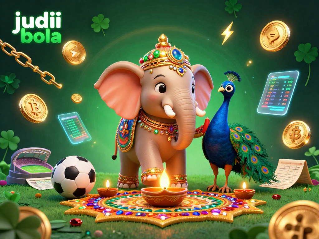 Join the excitement of judi bola with a vibrant illustration featuring a betting elephant and peacock amidst sports dynamic elements.