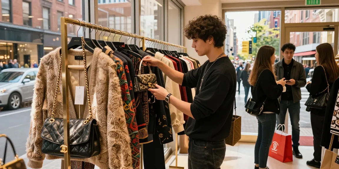 Fashionable shopper exploring 레플리카 clothing options in a vibrant urban store.
