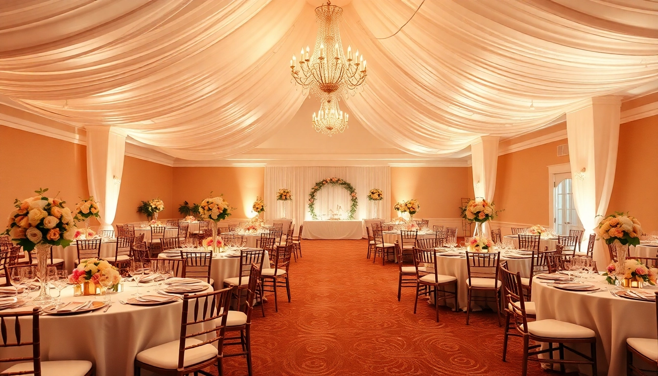 Wedding Event Space Jacksonville with beautifully arranged tables and chandelier lighting.