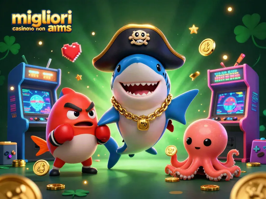 Gioca nei migliori casinò online non AAMS con l'illustrazione avvincente di creature dei mari e giochi arcade.