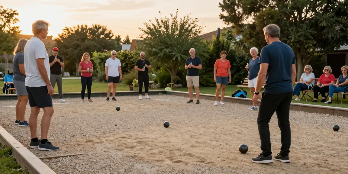 Komunitas bermain petanque di fopikotabanjarba.org saat matahari terbenam, penuh semangat.