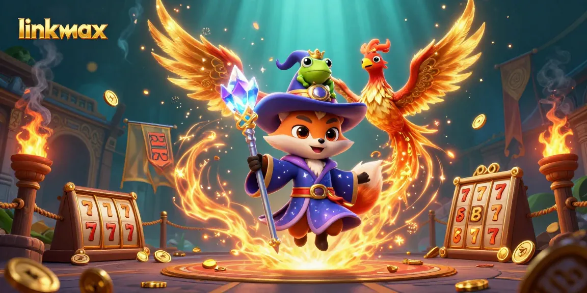 Experience the excitement of gaming with link vmax in a vibrant 3D illustration featuring wizardry and slot reels.