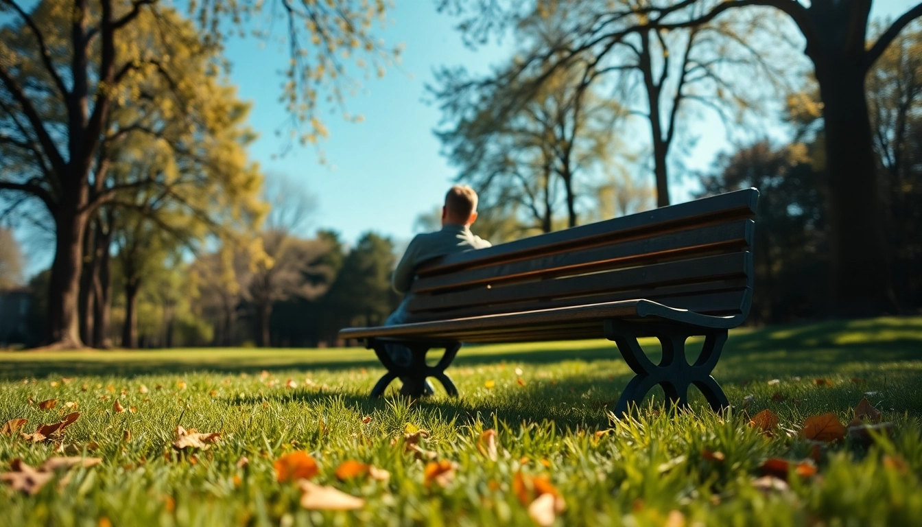 Person reflecting on depression symptoms while seated on a park bench, surrounded by nature.