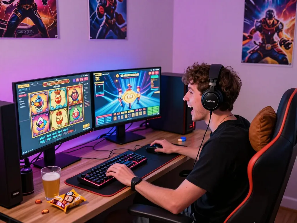 Exciting online gaming experience featuring slot gacor hari ini with vibrant colors, gaming setup, and engaged player.