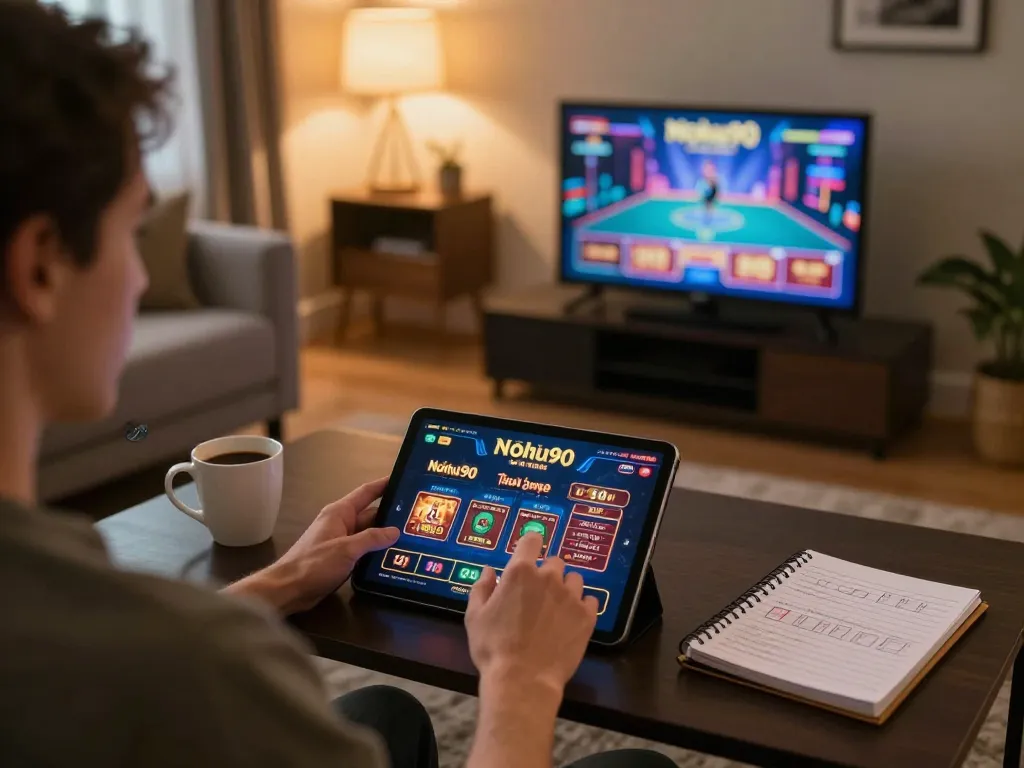 Nohu90 online gaming experience at home, with a player engaging on a tablet while strategizing
