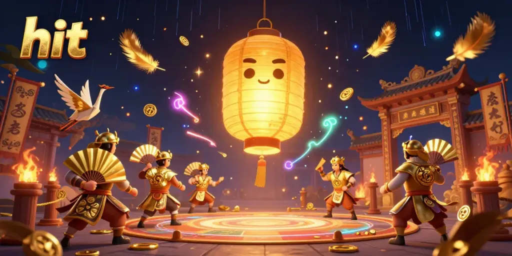 Engage in the vibrant hit casino atmosphere, featuring a golden lantern spirit and colorful allies amidst swirling golden feathers and coins.