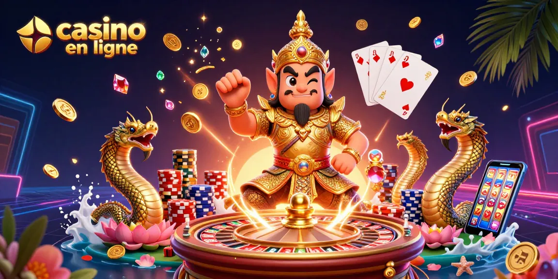 Jouez avec aisance sur le casino en ligne grâce à cette illustration colorée de machines, gardiens et gain.