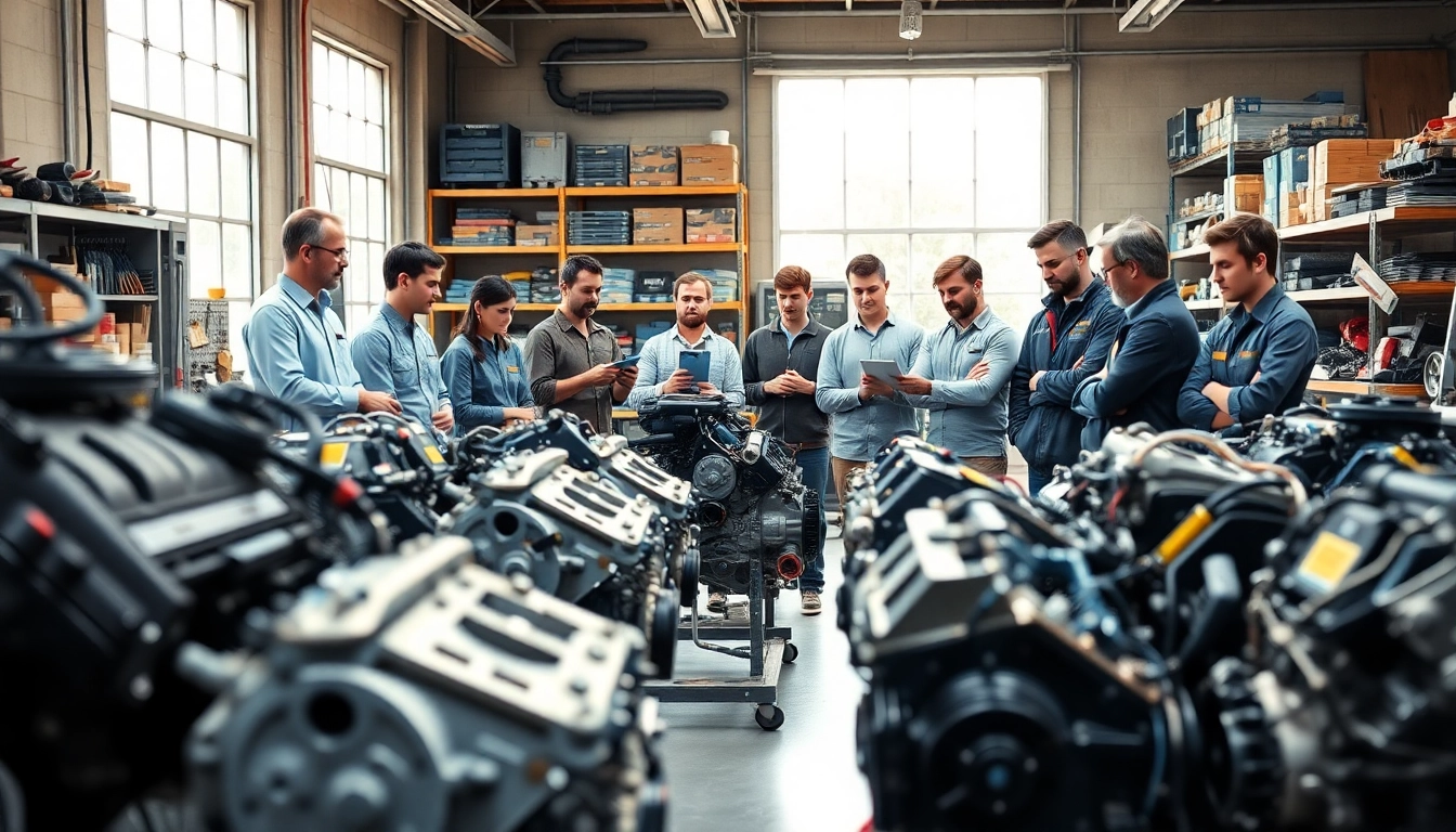 Experts evaluate used engines in a bright workshop highlighting automotive care.