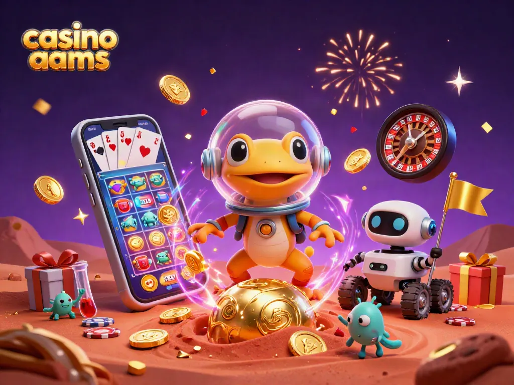 Scopri il mondo dei casino non AAMS con un gecko marziano felice tra giochi e festeggiamenti.
