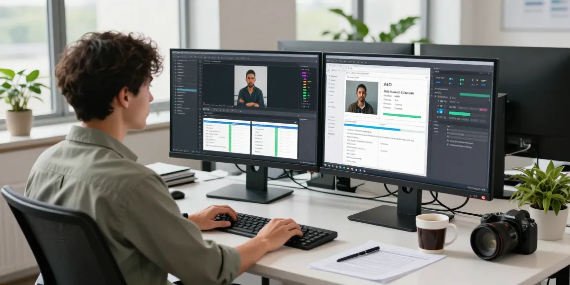 Data analyst using an ai detector for content moderation in a modern office.