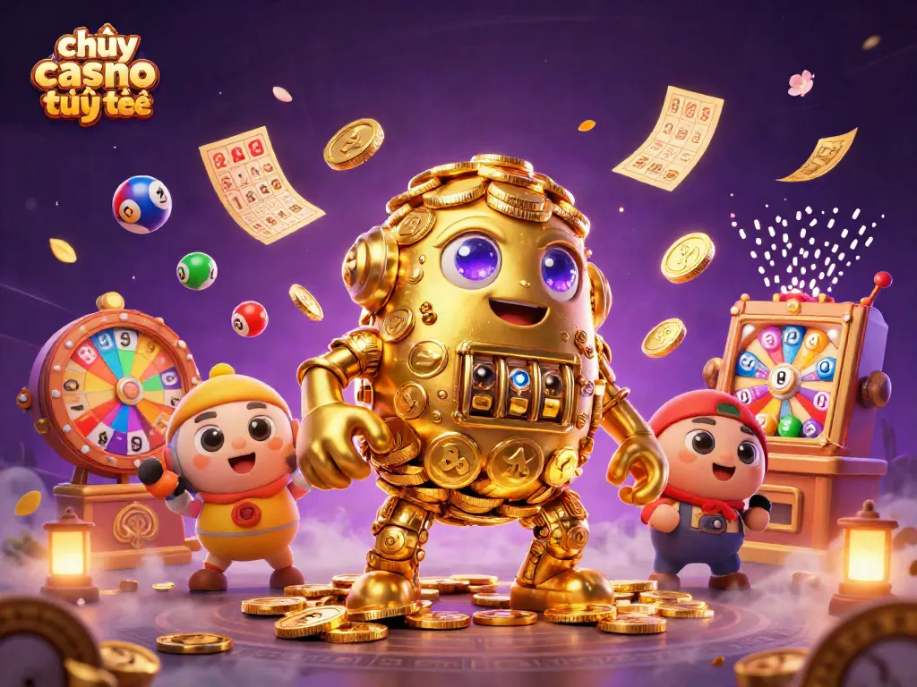 Chơi casino trực tuyến với golem vàng cổ đại giữa những quả bóng xổ số đầy màu sắc và hiệu ứng tiền raining