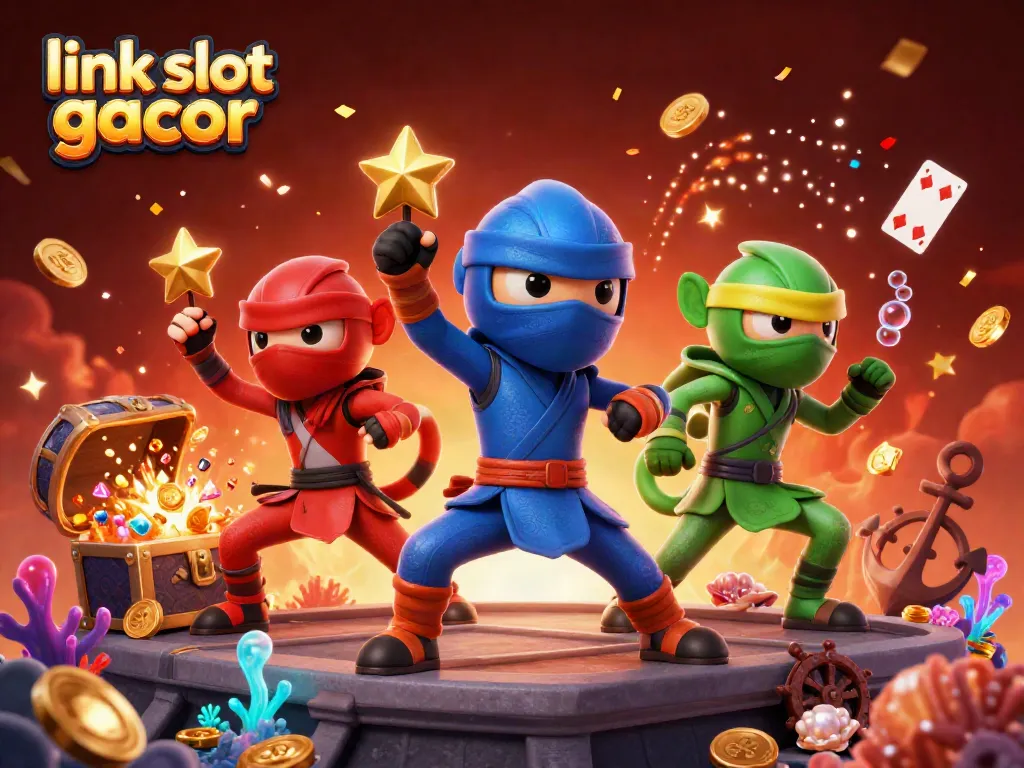 Engage with the thrilling action of link slot gacor as 3D ninja chameleons strike synchronized poses amid a vivid casino scene.