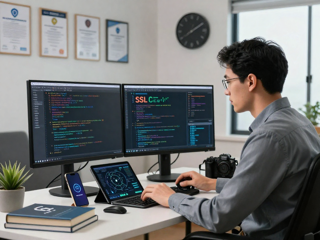 Secure digital workspace analyzing certificados ssl en México with professional IT specialist and technology props.