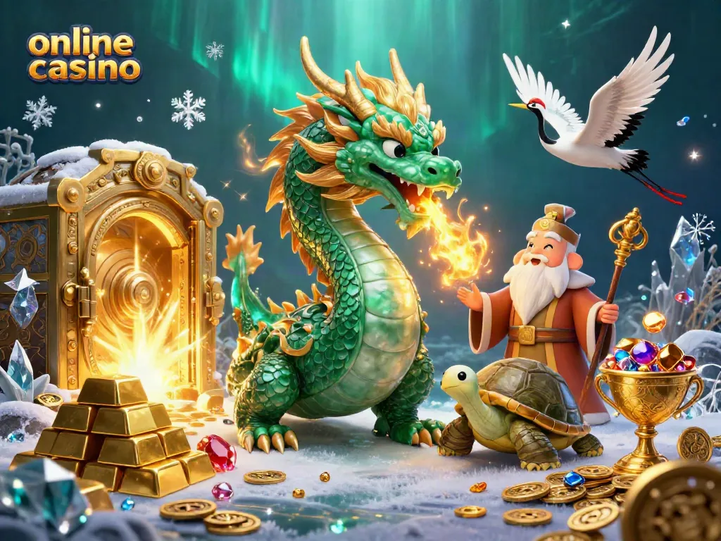 Gioca nei migliori online casino e scopri tesori con draghi e simboli fortunati in un'illustrazione epica.