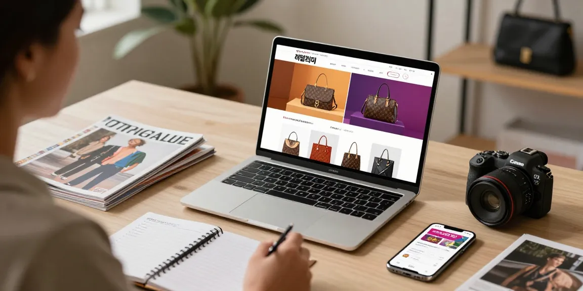 Browsing 레플리카 사이트 for luxury replica items in a stylish online shopping setup.