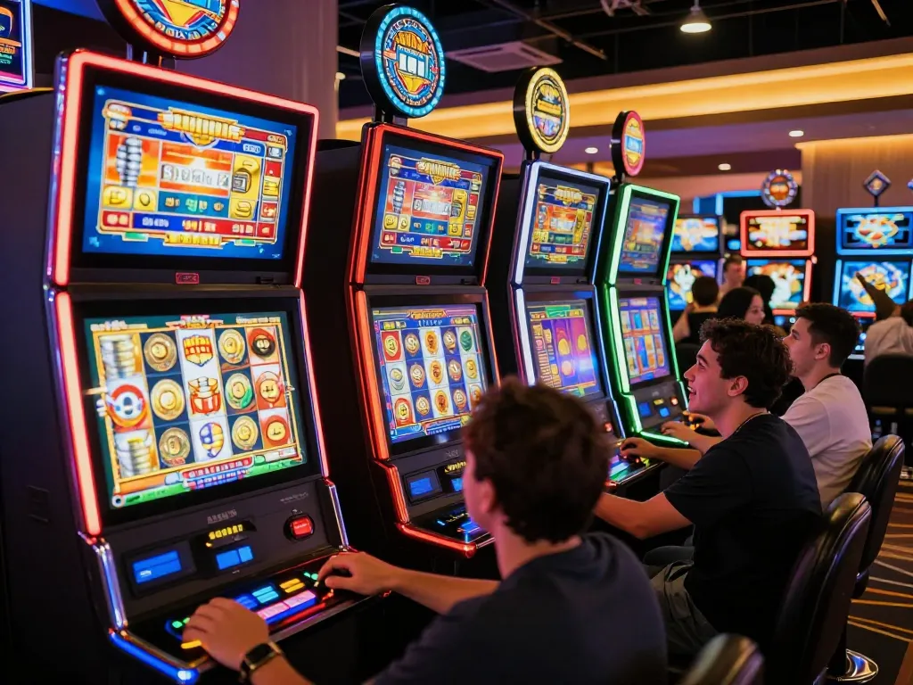 Players enjoying slot bet 50 at colorful machines, capturing the excitement of dynamic casino gaming.