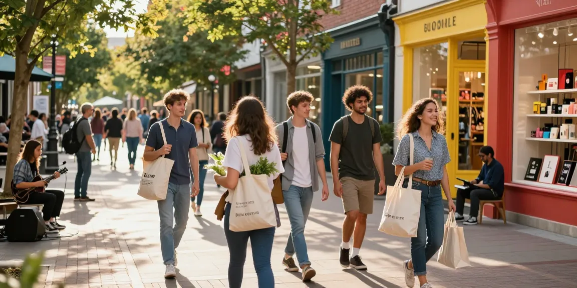 Vibrant shopping scene featuring diverse youths enjoying eco-friendly purchases at urban shopping district, showcasing community atmosphere.