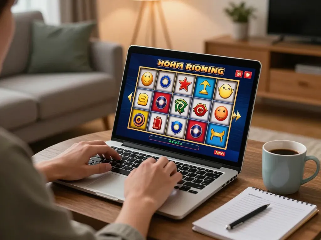 Player enjoying เว็บสล็อตตรง in a cozy home setting with laptop and gaming notes.